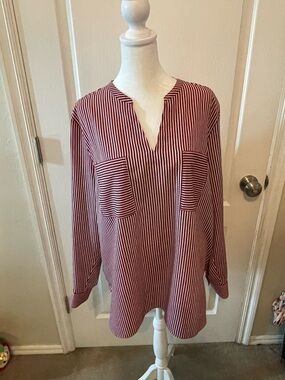 CAbi Red White and Blue Vertical Stripe V-Neck Tunic